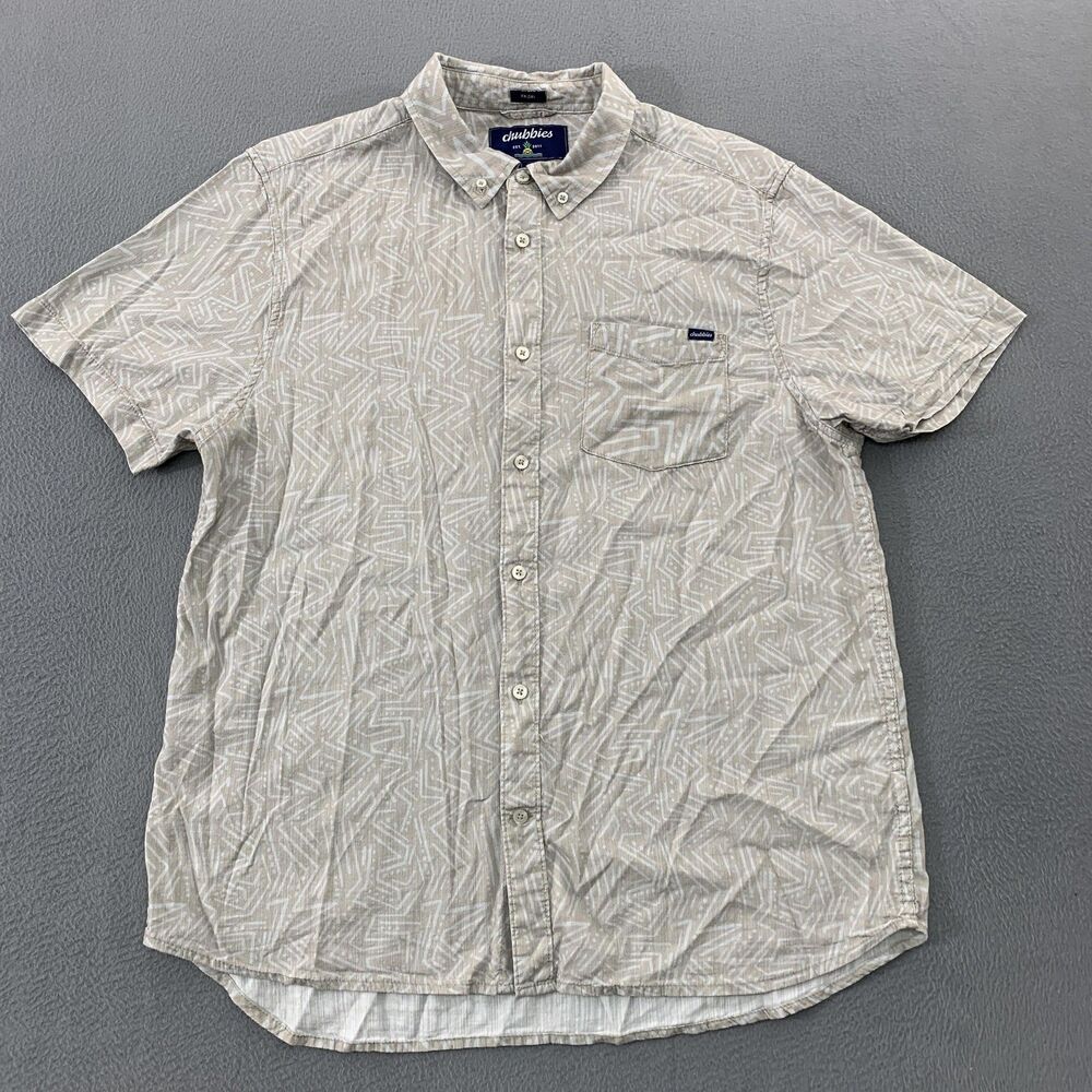 Chubbies Shirt Mens Large Beige Geometric Short Sleeve Button Up Friday Casual